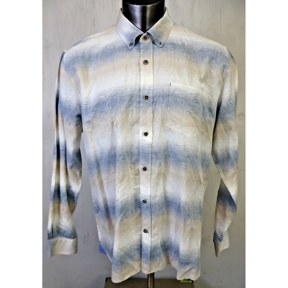 32 Bar Blue Linen Blend Shirt Long Sleeve Button Front Size XL Blue White Brown